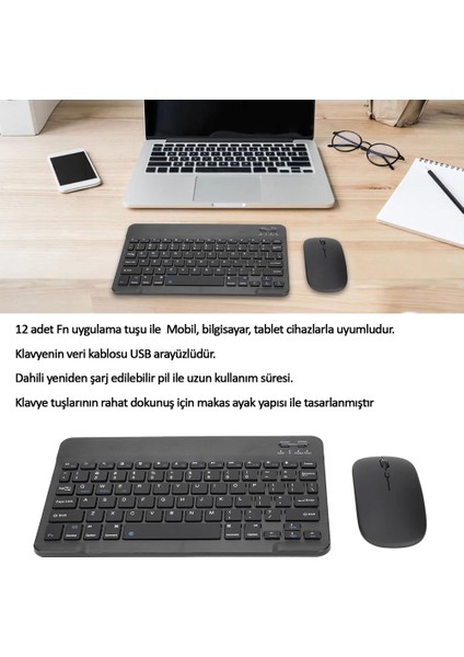 Hiking P15 Uyumlu Aeroset-Bm 530 Siyah Kablosuz Bluetooth Tablet Klavye Mouse Seti