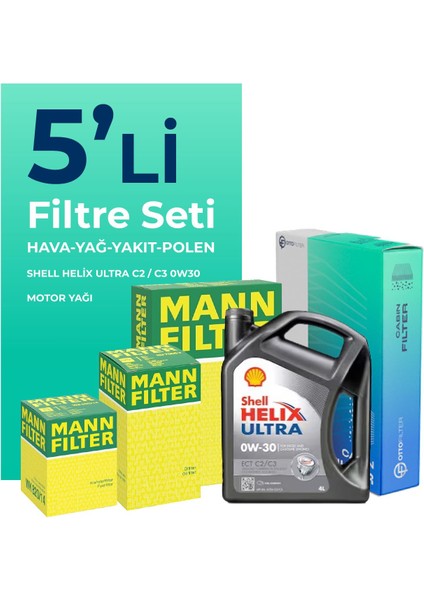 MANN FORD Connect 1.5 Dizel Filtre Bakım Seti Shell Motor Yağlı (2013-2019) 5 Li
