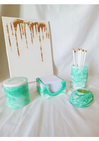 Ofis Seti Kalemlik, Dekoratif Kutu, Mumluk, Kalemlik, Not Kağıdı Kutusu, Mavi Kalemlik Seti