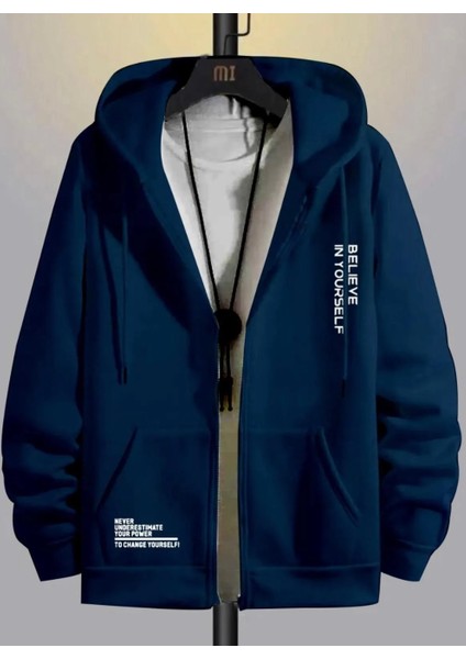 Büyük Beden Özel Tasarım Kapüşonlu Tam Fermuarlı Yourself Baskılı Oversize Erkek Sweatshırt