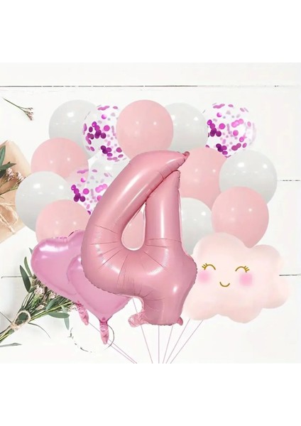 Pembe Rakam Yaş Folyo Balonlu Pembe Bulut Folyolu Doğum Günü Parti Seti Süsü