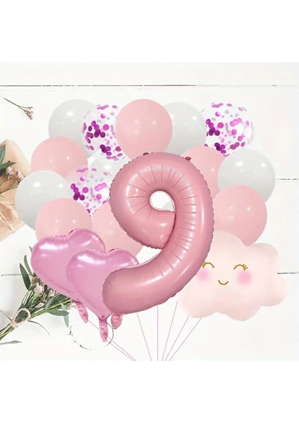 Pembe Rakam Yaş Folyo Balonlu Pembe Bulut Folyolu Doğum Günü Parti Seti Süsü