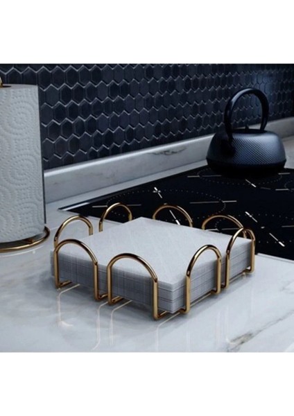 Peçetelik Gold Metal Kare Yatay Cafe Sunum Peçeteliği Masa Üstü Kağıt Mutfak Peçetelik
