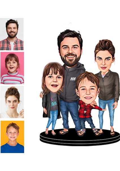 Kişiye Özel 4 Kişilik Aile Figürlü 3D Ahşap Biblo,Sevgiliye