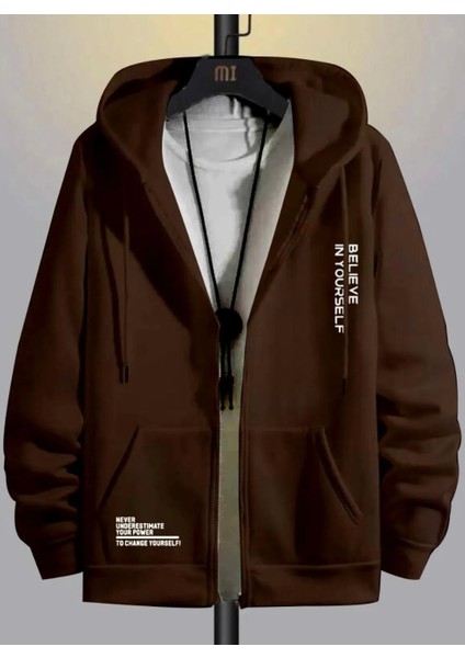 Büyük Beden Özel Tasarım Kapüşonlu Tam Fermuarlı Yourself Baskılı Oversize Erkek Sweatshırt