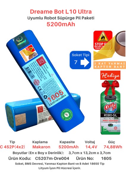 Dreame Bot L10 Ultra 5200mAh Uyumlu Batarya Robot Süpürge Pili C5207m-Dre004