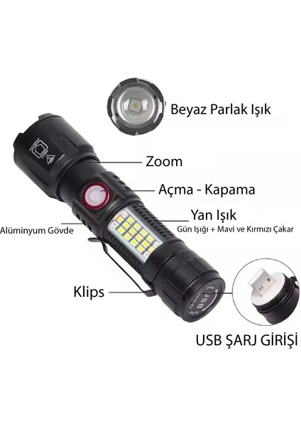 MAX-2306C Ultra  USB Şarjlı Polis El Feneri, Bekçi, Asker El Feneri Kırmızı Mavi Çakarlı 1000 Lümen