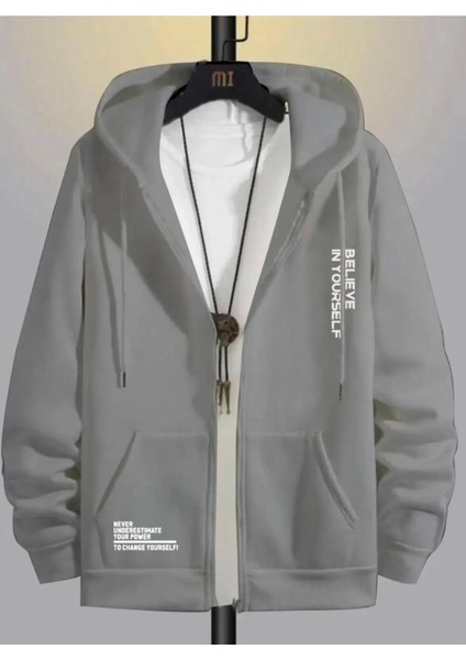 Büyük Beden Özel Tasarım Kapüşonlu Tam Fermuarlı Yourself Baskılı Oversize Battal Erkek Sweatshırt