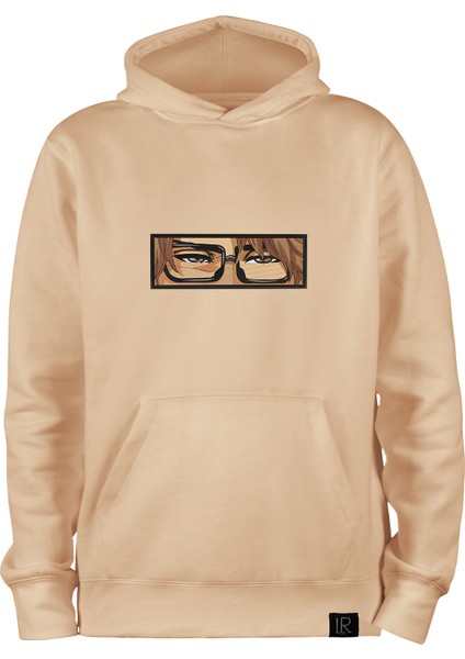 Unisex Anime Oversize Pamuklu Kapüşonlu Sweatshirt Bej Kışlık Full Nakışlı Aizen Sosuke Hoodie