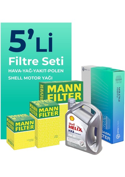 MANN Citroen C4 Picasso 1.6 BlueHdi Dizel Filtre Bakım Seti Shell Motor Yağlı (2014-2018) 5 Li
