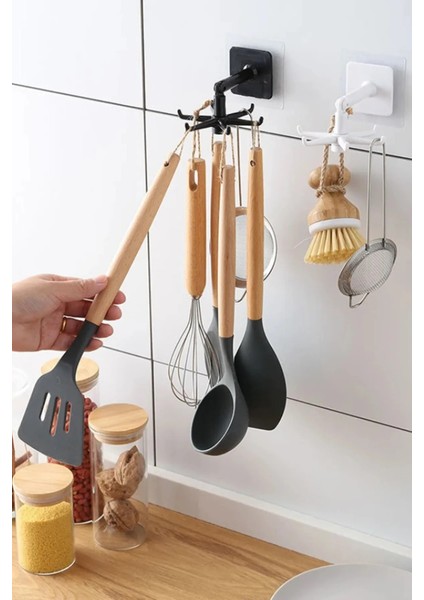 6 Ayaklı Kancalı Mutfak Banyo Döner Askı Kepçe Havlu Lif Askılığı Pratik Askılık Yapışkanlı