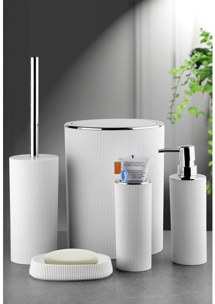 5 Parça Çizgili Banyo Seti Çöp Kovası Sıvı Katı Sabunluk Diş Fırçalık Tuvalet Fırçası