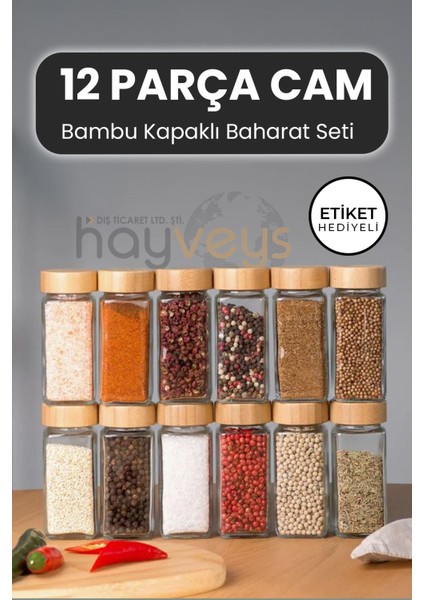 12 Parça Bambu Kapaklı Cam Baharat Seti Kavanoz Etiketli