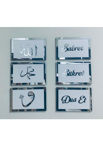 6'lı Aynalı Sılver Arapça Allah,muhammed,vav ve Türkçe Sabret,şükret ve Dua Et Seti