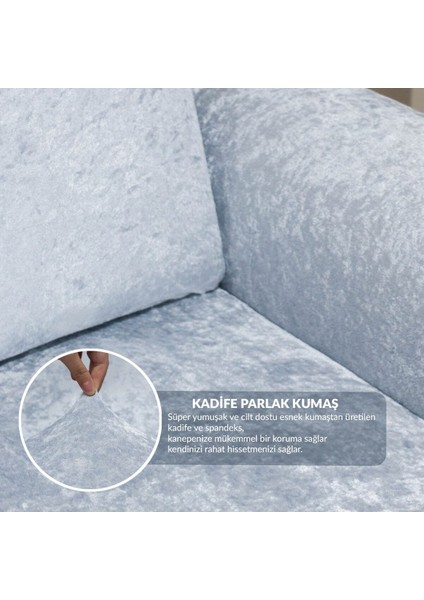 Kadife 3+3+1+1 Gri Lastikli Kanepe Örtüsü | Lastikli Koltuk Örtüsü | Koltuk Kılıfı