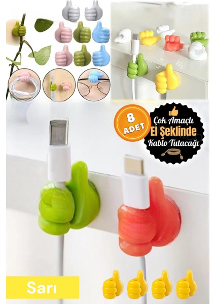 8 Adet Sarı El Şeklinde Kablo Tutucu Düzenleyici Sabitleyici Çok Fonksiyonlu Kendinden Yapışkanlı