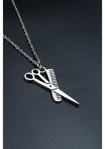 Berber - Makas - Tarak Gümüş Kaplama Unisex Düz Zincir Kolye kod 746