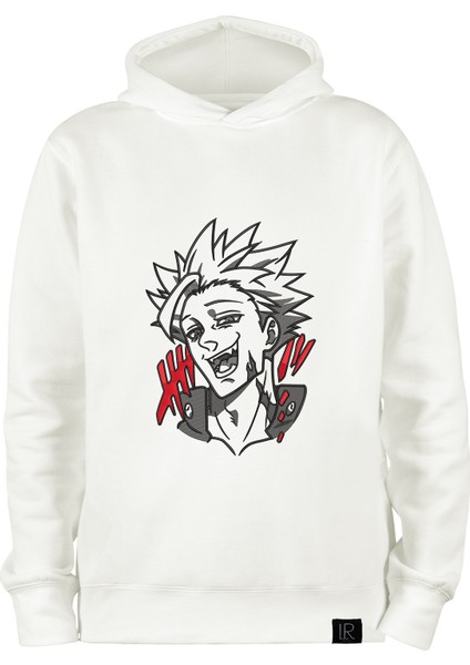 Beyaz Oversize Unisex Kapüşonlu Sweatshirt Anime Nakışlı The Seven Deadly Sins Ban Sweatshirt Hoodie