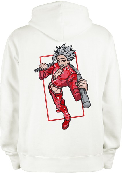 Beyaz Oversize Unisex Kapüşonlu Sweatshirt Anime Nakışlı The Seven Deadly Sins Ban Sweatshirt Hoodie