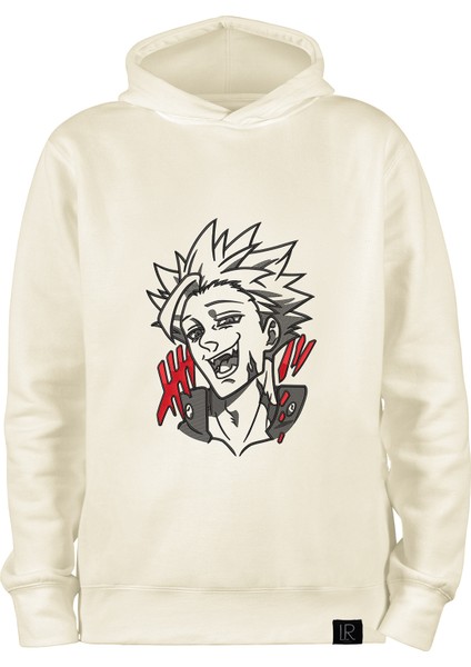Ekru Oversize Unisex Kapüşonlu Sweatshirt Anime Nakışlı The Seven Deadly Sins Ban Sweatshirt Hoodie