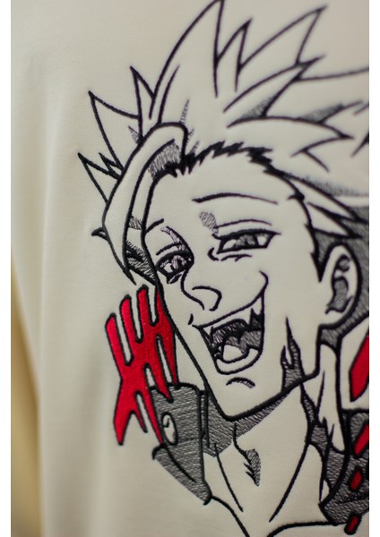 Ekru Oversize Unisex Kapüşonlu Sweatshirt Anime Nakışlı The Seven Deadly Sins Ban Sweatshirt Hoodie