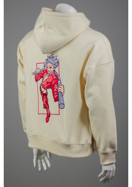 Ekru Oversize Unisex Kapüşonlu Sweatshirt Anime Nakışlı The Seven Deadly Sins Ban Sweatshirt Hoodie