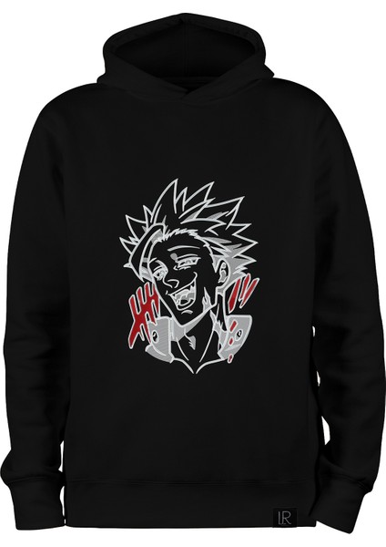 Siyah Oversize Unisex Kapüşonlu Sweatshirt Anime Nakışlı The Seven Deadly Sins Ban Sweatshirt Hoodie