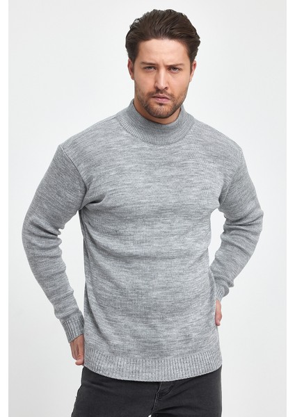 Erkek Gri Regular Fit Yarım Balıkçı Yaka Dokulu Desenli Triko Kazak RF0446