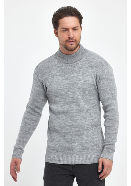Erkek Gri Regular Fit Yarım Balıkçı Yaka Dokulu Desenli Triko Kazak RF0446