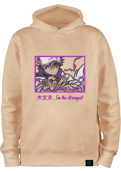 Oversize Unisex Nakışlı Kapşonlu Sweatshirt Satoru Gojo Anime Hoodie Pamuklu Bej Kapşonlu Sweat