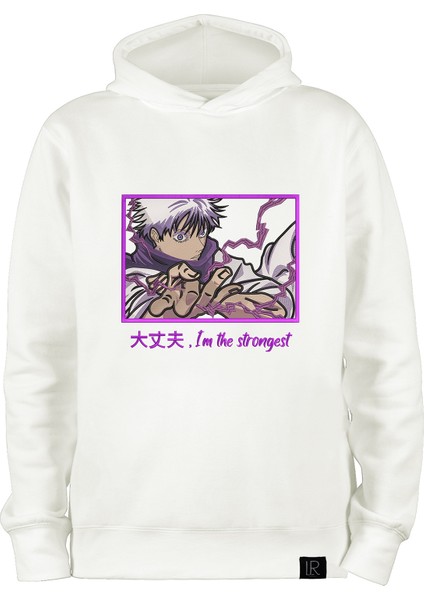 Oversize Unisex Nakışlı Kapşonlu Sweatshirt Satoru Gojo Anime Hoodie Pamuklu Beyaz Kapşonlu Sweat