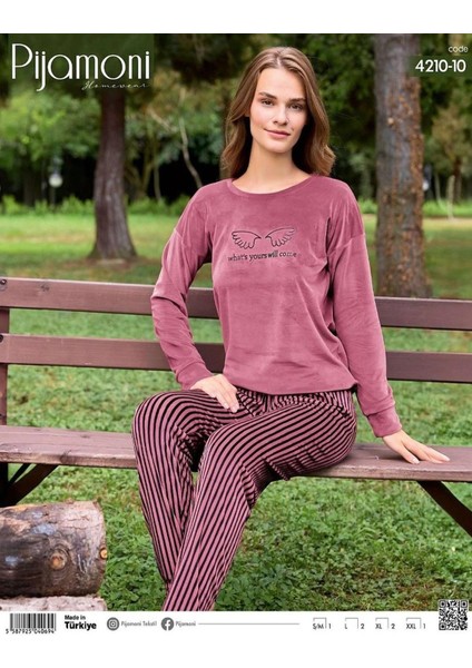 Kadın Kışlık Bisiklet Yaka Likralı Kadife Pijama Takımı 4210/10- 1 Adet