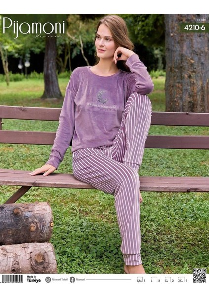 Kadın Kışlık Bisiklet Yaka Likralı Kadife Pijama Takımı 4210/6- 1 Adet