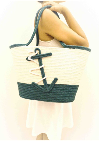 Tasarım Kol ve Plaj Çantası Büyük Boy Çapalı Omuz Çanta El Işi Yıkanabilir Kordon Ip Çanta Yeşil