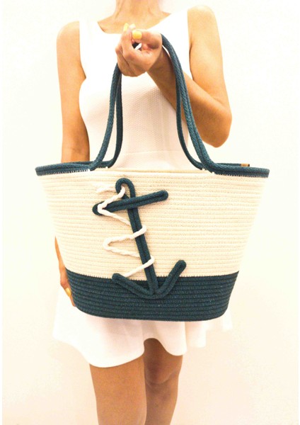 Tasarım Kol ve Plaj Çantası Büyük Boy Çapalı Omuz Çanta El Işi Yıkanabilir Kordon Ip Çanta Yeşil fiyatları