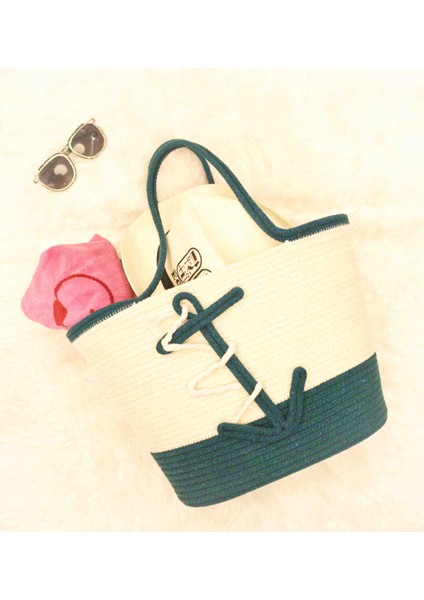 Tasarım Kol ve Plaj Çantası Büyük Boy Çapalı Omuz Çanta El Işi Yıkanabilir Kordon Ip Çanta Yeşil modelleri
