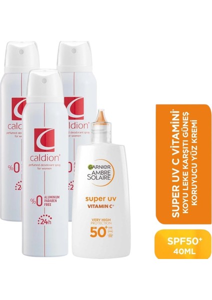 Ambre Solaire Uv C Vitamini Fluid Krem SPF50+ 40 ml + Caldion Kadın Deodorant 150 ml 3 Adet