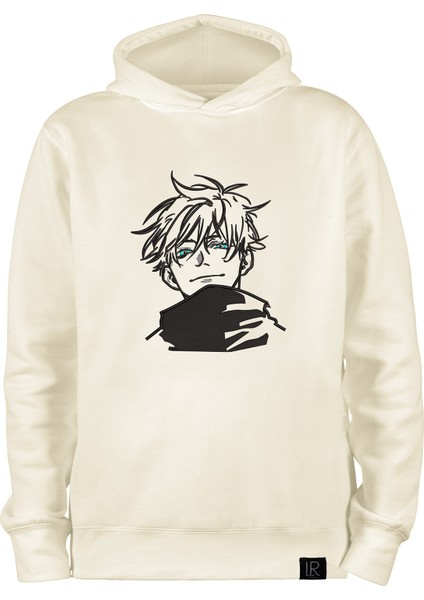 Unisex Kapüşonlu Sweatshirt Anime Nakışlı Hoodie Jujutsu Kaisen Oversize Krem Kışlık Sweatshirt