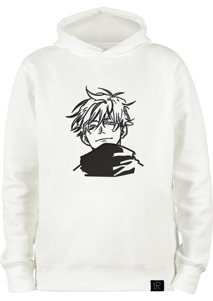 Unisex Kapüşonlu Sweatshirt Anime Nakışlı Hoodie Jujutsu Kaisen Oversize Beyaz Kışlık Sweatshirt