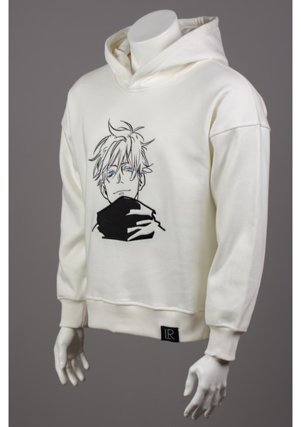 Unisex Kapüşonlu Sweatshirt Anime Nakışlı Hoodie Jujutsu Kaisen Oversize Beyaz Kışlık Sweatshirt