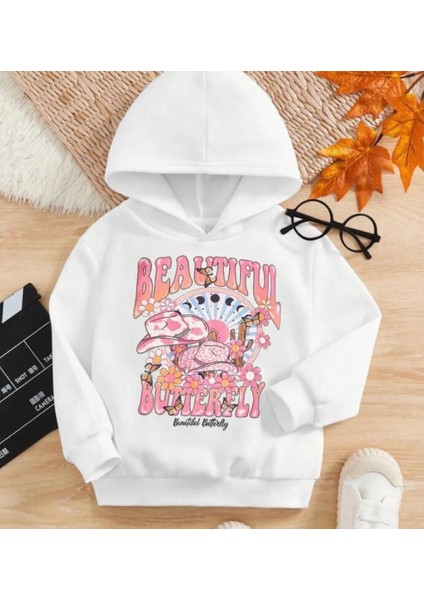 Özel Tasarım Kapüşonlu Beautıful Butterfly Baskılı Şardonlu Kışlık Kız Bebek-Çocuk Sweatshırt