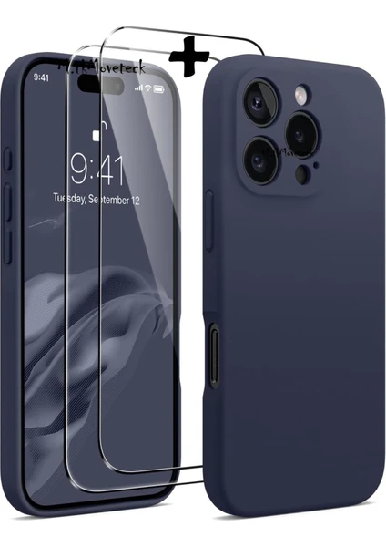 MTK Moveteck Iphone 16 Pro Max Kılıf Kamera Korumalı Yumuşak Renkli Silikon + 9h Ekran Koruyucu Cam 2in1 Set