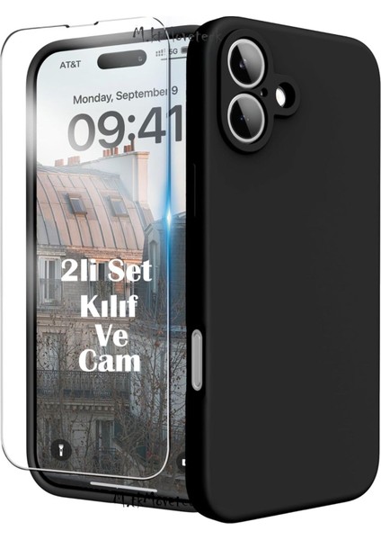 Iphone 16 Plus Kılıf Kamera Korumalı Yumuşak Renkli Silikon + 9h Ekran Koruyucu Cam 2in1 Set