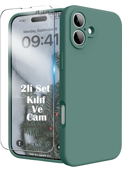 MTK Moveteck Iphone 16 Kılıf Kamera Korumalı Yumuşak Renkli Silikon + 9h Ekran Koruyucu Cam 2in1 Set