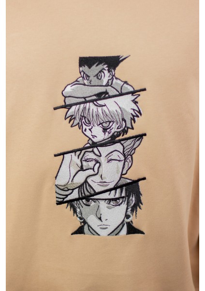 Unisex Hunter x Hunter Hoodie Nakışlı Kahverengi Kapşonlu Sweatshirt Kadın Erkek Oversize Sweatshirt