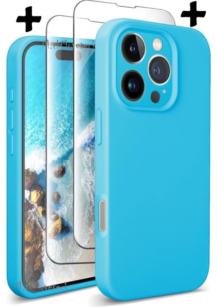 Iphone 16 Pro Max Kılıf Kamera Korumalı Yumuşak Renkli Silikon + 9h Ekran Koruyucu Cam 2in1 Set