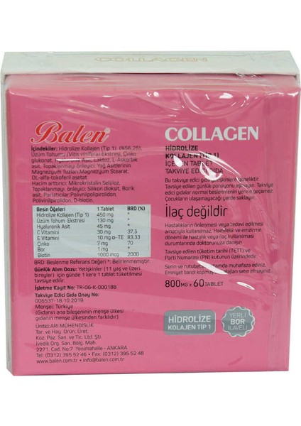 Collagen Hidrolize Kollajen Tip1 Içeren Tablet 800 Mg x 60 Tablet