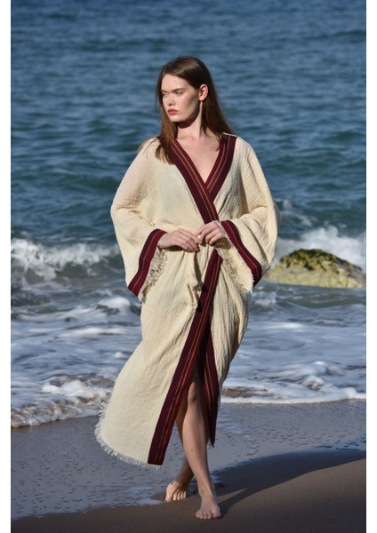 Naturel Pamuk Crinkle Kaftan Kimono Seti -135 Cm- Aynı Kumaştan Havlu 170x110 Cm, Bordo Çantalı