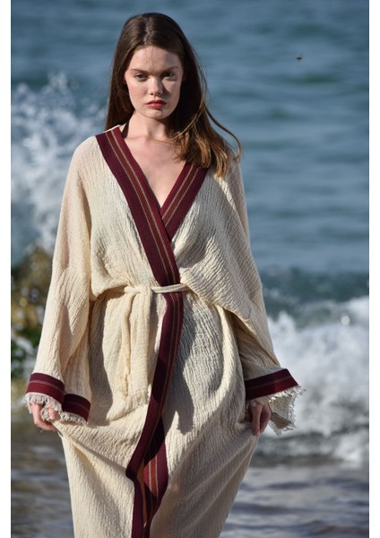 Naturel Pamuk Crinkle Kaftan Kimono Seti -135 Cm- Aynı Kumaştan Havlu 170x110 Cm, Bordo Çantalı modelleri