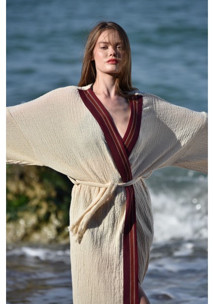 Naturel Pamuk Crinkle Kaftan Kimono Seti -135 Cm- Aynı Kumaştan Havlu 170x110 Cm, Bordo Çantalı fırsatları